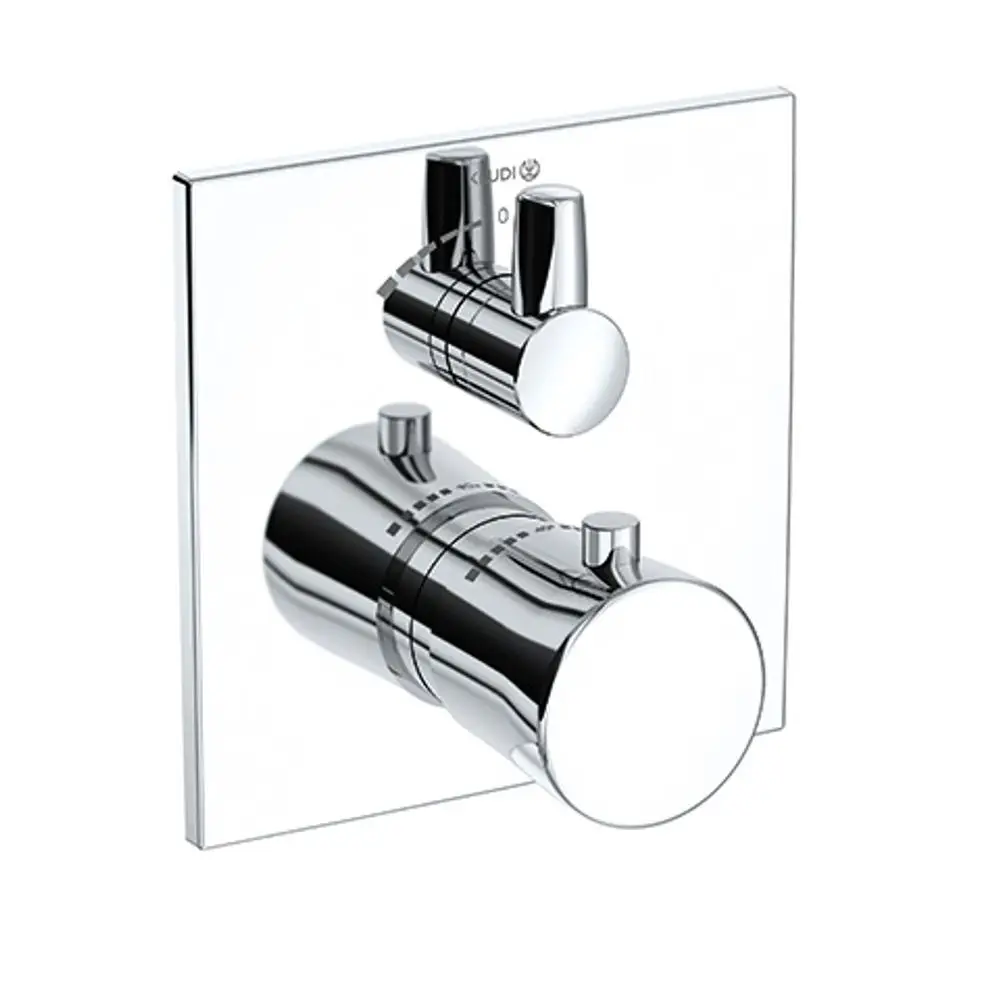 Chromenes Bedienfeld mit zwei Reglern, das Teil eines Umstellventils von Kludi ist. Eignet sich für die Funktionseinheit der KLUDI SLIM.BOXX.